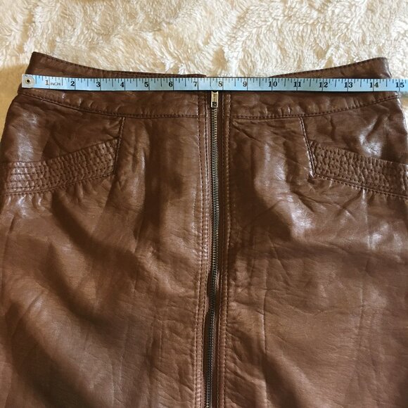 Cognac Vegan Leather Zip Up High Waist Mini Skirt - Picture 13 of 16